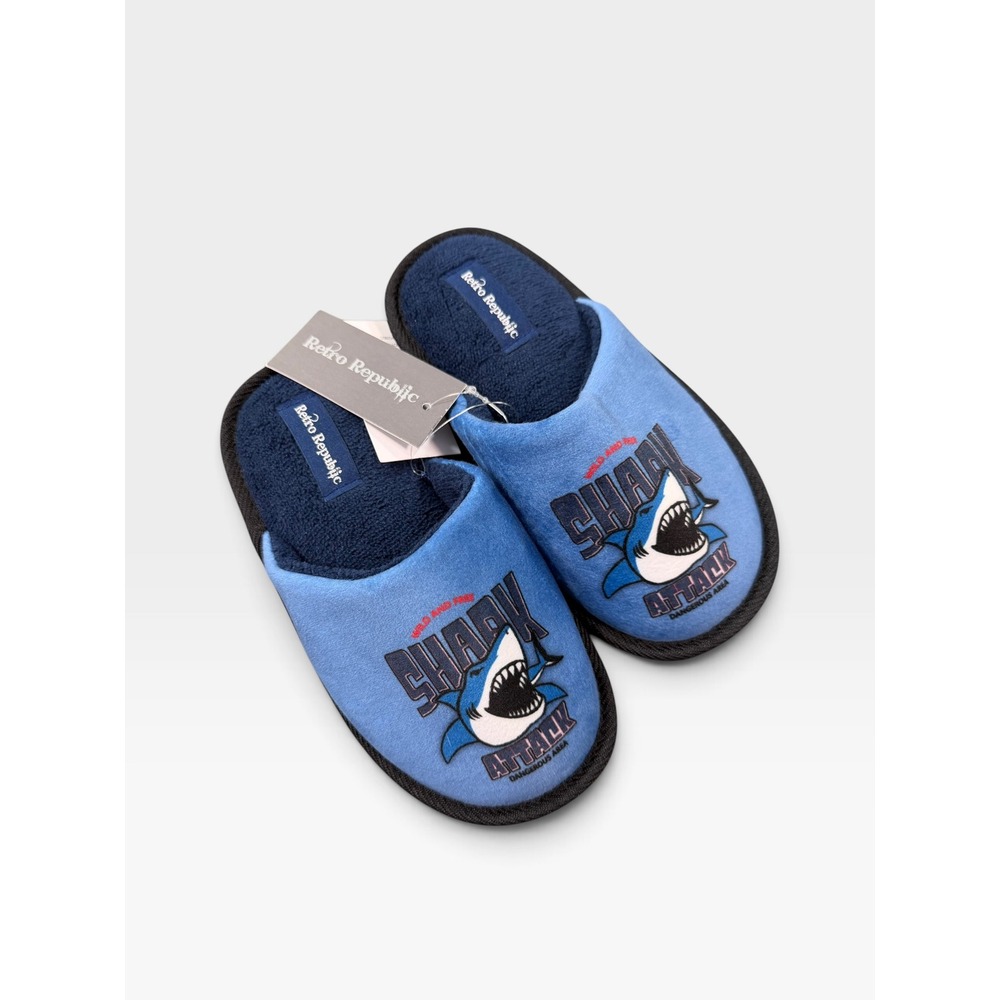 Retro Republic Boys Shark Attack Blue Graphic House Slippers Size 28/29